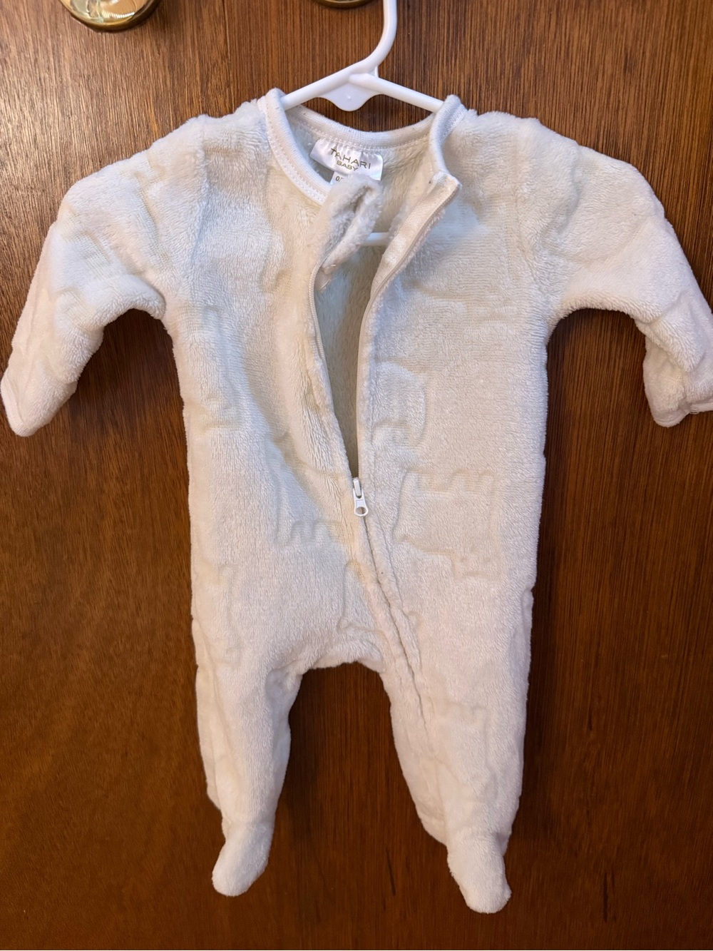 Tahari Cream Plush Footed One-Piece Zipper Romper